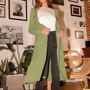 Lulu’s Light Green Ribbed Button-Up Long Duster Cardigan